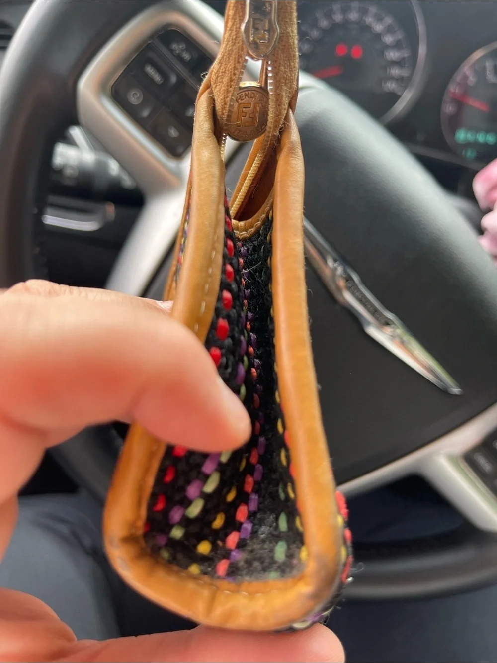 Fendi Black Woven Raffia Clutch with Tan Leather Trim and Multicolor Stitching